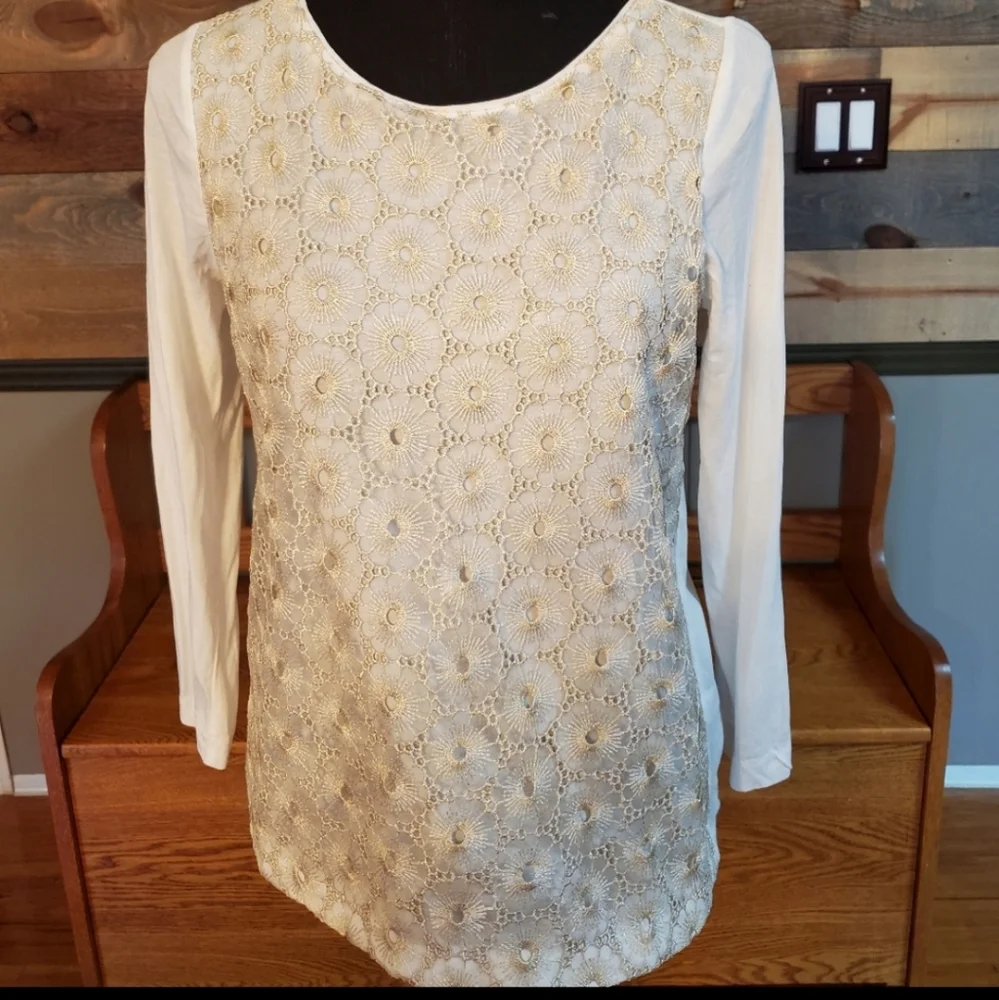 J Crew White & Gold Embroidered Blouse
